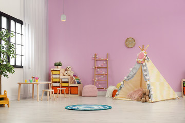 Sticker - Modern nursery room interior with play tent for kids