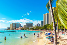 HONOLULU, HAWAII - FEBRUARY 16, 2018: View Of The Waikiki Beach. Copy Space For Text.