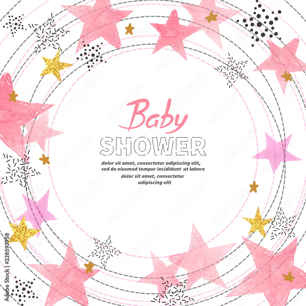 Baby Shower girl invitation card design with watercolor pink stars ...