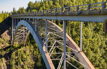 Hurricane Gulch Bridge, A Steel Arch Bridge Spanning Hurricane Creek On Parks Highway, Denali State Park, Alaska In Summertime.