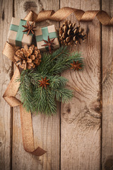 Wall Mural - Christmas decorations on old wooden background