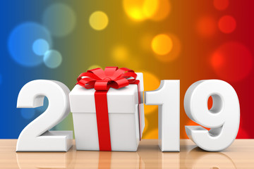 Poster - 2019 New Year Sign with Gift Box and Red Ribbon. 3d Rendering
