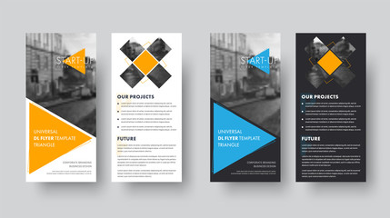 Poster - DL vector flyer template with orange and blue triangles and space for photo.