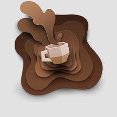 Wall Mural - 3d vector paper cut coffee composition with mug. Cartoon art illustration in minimalistic craft carving style. Modern layout colorful concept for background banner, cover, poster, card.