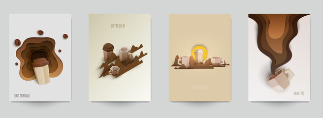 Set of coffee composition in minimalistic paper cut style. Design template for branding shop or cafe invitation, business card, menu page, banner, flyer. Vector illustration.