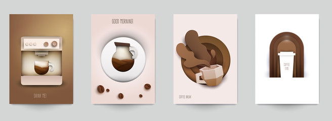 Set of coffee composition in minimalistic paper cut style. Design template for branding shop or cafe invitation, business card, menu page, banner, flyer. Vector illustration.