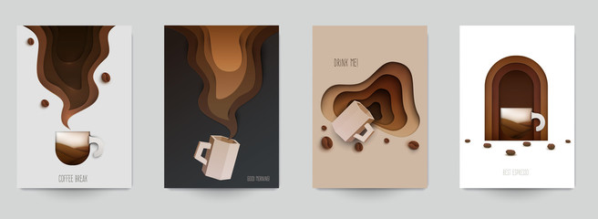 Set of coffee composition in minimalistic paper cut style. Design template for branding shop or cafe invitation, business card, menu page, banner, flyer. Vector illustration.