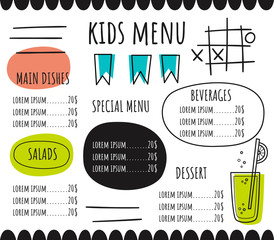 Children's menu in a hand-drawn style. Cross-zero. Lemonade