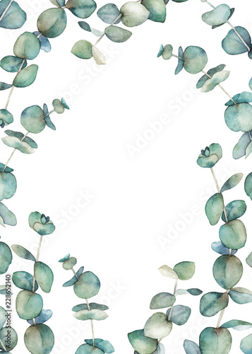 Watercolor frame with eucalyptus branch for card, wedding, greeting, invitati...