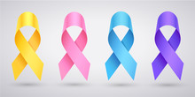 Set Of Awareness - Pink Ribbon Breast Cancer, Yellow Ribbon Childhood Cancer, Lavender Ribbon Day Cancer, Blue Ribbon Prostate Cancer. JPG Include Isolated Path