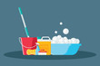 Cleaning vector illustration in modern flat style. Collection of mop, sponge, red bucket, cleaning products in bottles, brush and plastic basin with soap suds isolated on blue background.