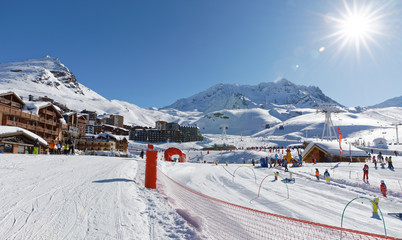 Wall Mural - Val Thorens, France - February 26, 2018: France, French Alps, Tarentaise Valley, Savoie. Val Thorens is located in the commune of Saint-Martin-de-Belleville in the Savoie département