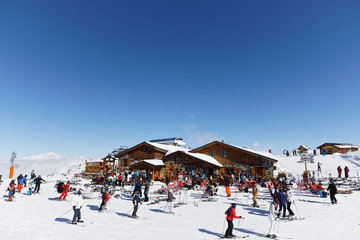 Val Thorens, France - February 26, 2018: France, French Alps, Tarentaise Valley, Savoie. Val Thorens is located in the commune of Saint-Martin-de-Belleville in the Savoie département