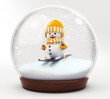 happy snowman with ski in snowball decoration isolated on white background,glass ball winter seasonal christmas decoration 3d illustration render 