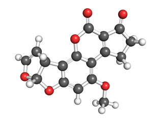 Wall Mural - Aflatoxins are carcinogenic metabolites of several fungal species that colonize grain, therefore contaminating meat and milk products of animals that were fed contaminated grain. Ball and stick model.