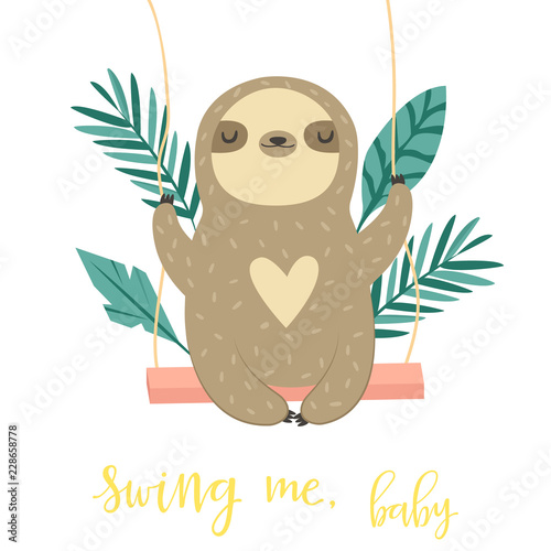 Fotomural Cute swinging sloth. Happy animal design.
