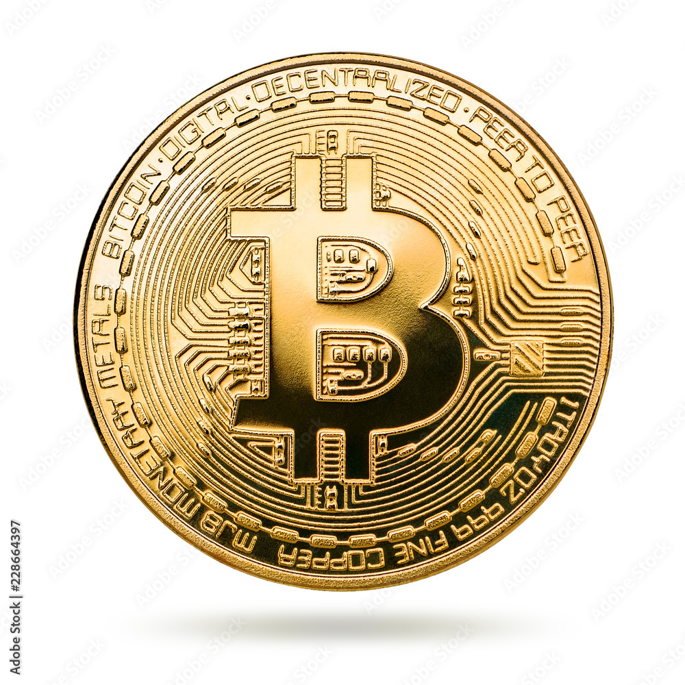 Physical bit coin. Digital currency. Cryptocurrency. Golden coin with  bitcoin symbol isolated on white background. Bitcoin coin on white  background. Stock Photo | Adobe Stock