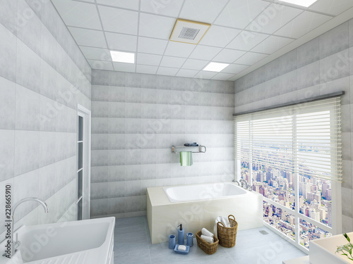 Spacious And Bright Bathroom With Bathtub Facing The Huge Glass