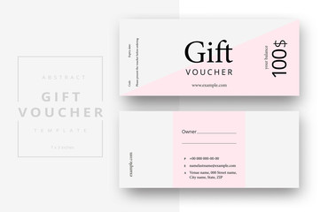 Wall Mural - Abstract gift voucher card template. Modern discount coupon or certificate layout with geometric shape pattern. Vector fashion bright background design with information sample text.