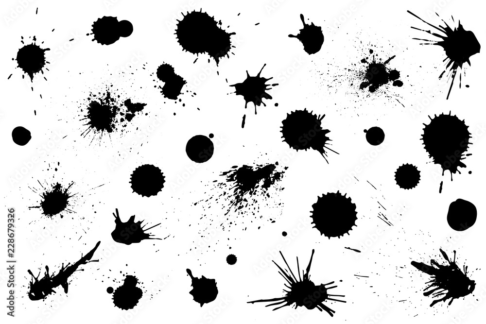 Set of black ink splashes and drops. Different handdrawn spray design elements. Blobs and spatters. Isolated vector illustration - obrazy, fototapety, plakaty 