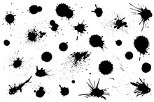 Set Of Black Ink Splashes And Drops. Different Handdrawn Spray Design Elements. Blobs And Spatters. Isolated Vector Illustration