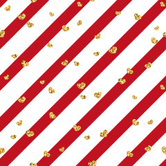 Wall Mural - Gold heart seamless pattern. Red-white geometric stripes, golden confetti-hearts. Symbol of love, Valentine day holiday. Design wallpaper, background, fabric texture. Vector illustration