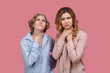 © EverGrump - Sad desperate woman suffer from asthma or pain in the throat, has the unfortunate stiff, keep hands on the neck. Two young women has asphyxiation, holds hands around her neck, suffers from sore throat