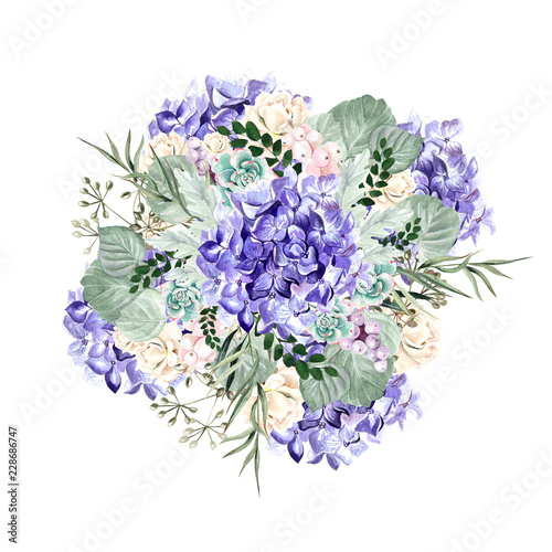 Watercolor bouquet with hydrangea flowers, roses, succulent plants, berries a...