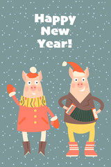  Vector  New Year greeting card with couple of funny pigs in cartoon style. 