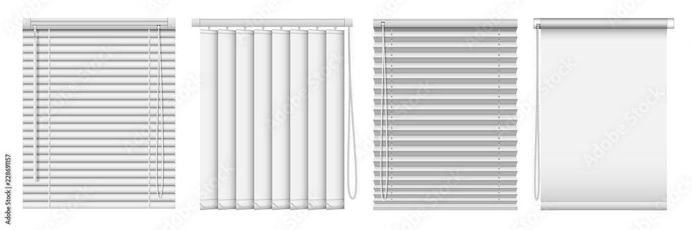 Set of horizontal and vertical window blinds. Vector realistic illustration horizontal blind curtains. - obrazy, fototapety, plakaty 