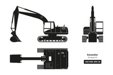Black Silhouette Of Excavator On White Background. Top, Side And Front View. Diesel Digger Blueprint. Hydraulic Machinery Image