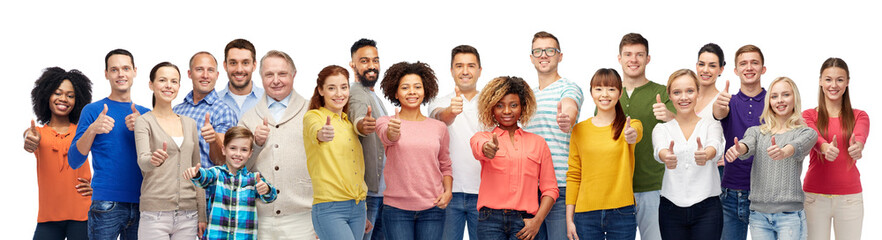 Wall Mural - people, diversity and international concept - group of men, women and kid showing thumbs up over whi
