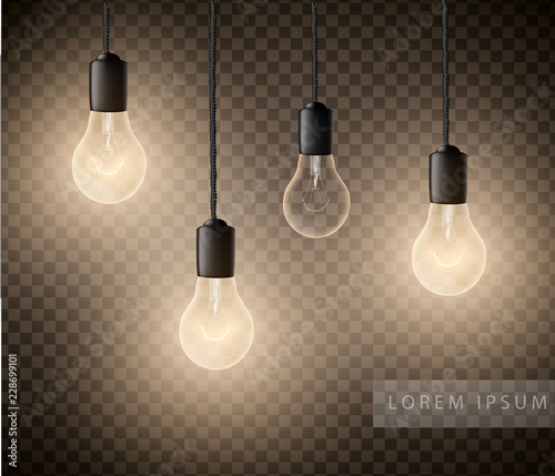 Cuadros en Lienzo glowing light bulbs set of hanging lights on a transparent