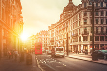 Oxford Street In London Against Golden Sun Ray While After Work 