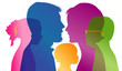 Family concept. Profiles with mom - dad - little boy - girl. Colored silhouette. Vector. Multiple exposure