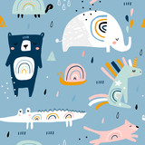 Seamless childish pattern with funny rainbow animals . Creative scandinavian kids texture for fabric, wrapping, textile, wallpaper, apparel. Vector illustration