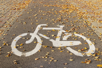 The sign is a bicycle path sprinkled with autumn fallen leaves. Road markings on the pavement of the sidewalk to separate the movement. Traffic safety cyclists. City infrastructure.