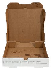 Wall Mural - Empty greasy pizza box with lid open. Isolated.