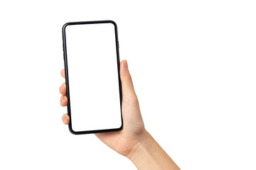 hand young woman holding mobile smartphone with blank screen isolated on white background with clipp