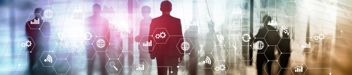 Wall Mural - double exposure mixed media. diagrams and icons on hologram screen. business people and modern city 