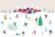 © Oksana_Latysheva - Winter outdoor activities. Snowy city background. People walking,having fun, skiing, ice skating, sledding. Flat vector illustration.