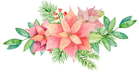 Wall Mural - Merry Christmas watercolor wreaths with floral winter elements. Happy New Year card, posters. 