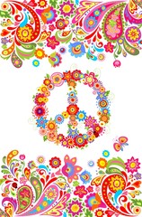 Sticker - Shirt print on white background with colorful floral summery border and hippie peace flowers symbol