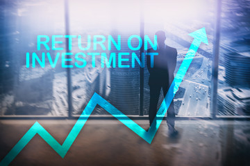 ROI - Return on investment. Stock trading and financial growth concept on blurred business center background.