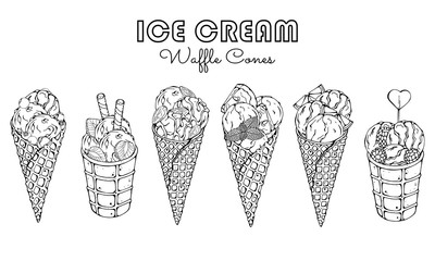 Group of vector illustrations on the sweets theme; set of different kinds of ice cream in waffle cones decorated with berries, chocolate or nuts. Isolated objects for your design.