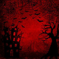 Fototapeta halloween bloody red background with bats, terrible dead tree, spiders, webs and castle