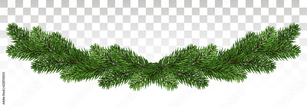 Christmas background with garland, New Year decoration with fir branches, beads and holly berry. A broad garland of pine branches. New Year. Vector. Eps10. - obrazy, fototapety, plakaty 