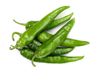 green hot chili peppers isolated on white background. Top view. Flat lay pattern