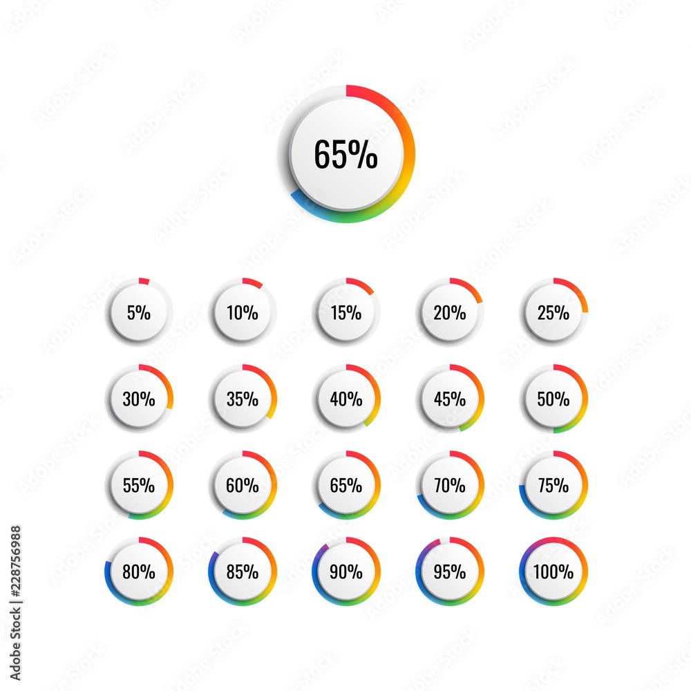 set of circle percentage diagrams with rainbow gradient indicator and 5 ...