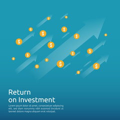 Poster - Return on investment ROI concept. business growth arrows to success. dollar stack pile coins and money bag. chart increase profit. Finance stretching rising up. banner flat style vector illustration.